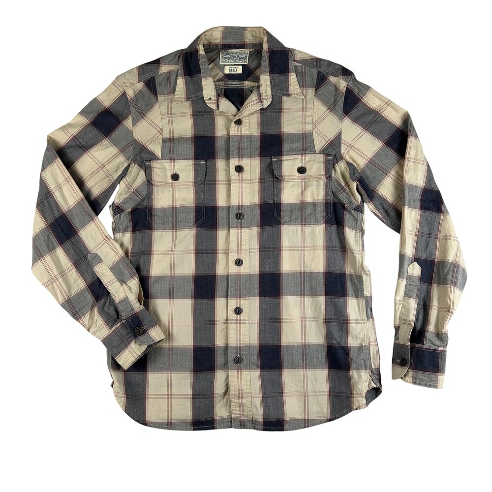 Lucky Brand Shirt Mens Small Beige Plaid Long Sleeve Button Front Cotton Casual